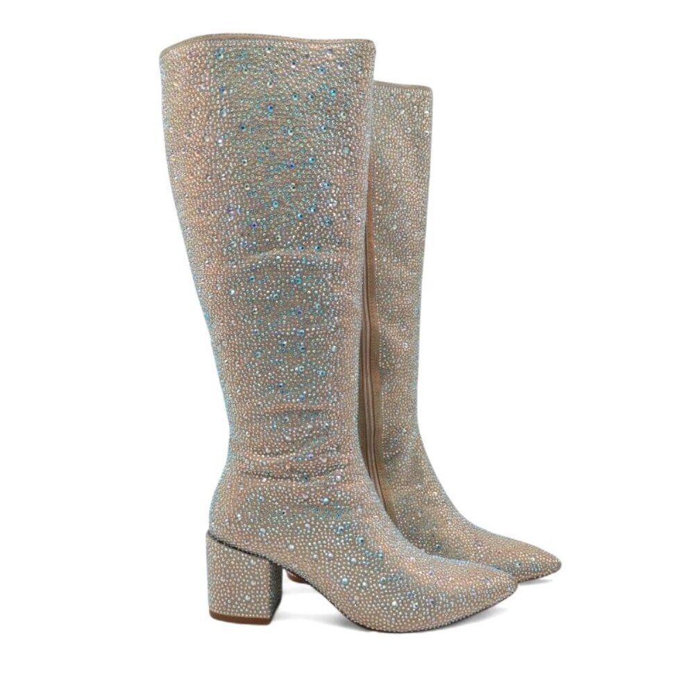 Wetkiss Women's Size 7 Iridescent Crystal Rhinestone Chunky Heel Knee High Boots - Picture 2 of 16